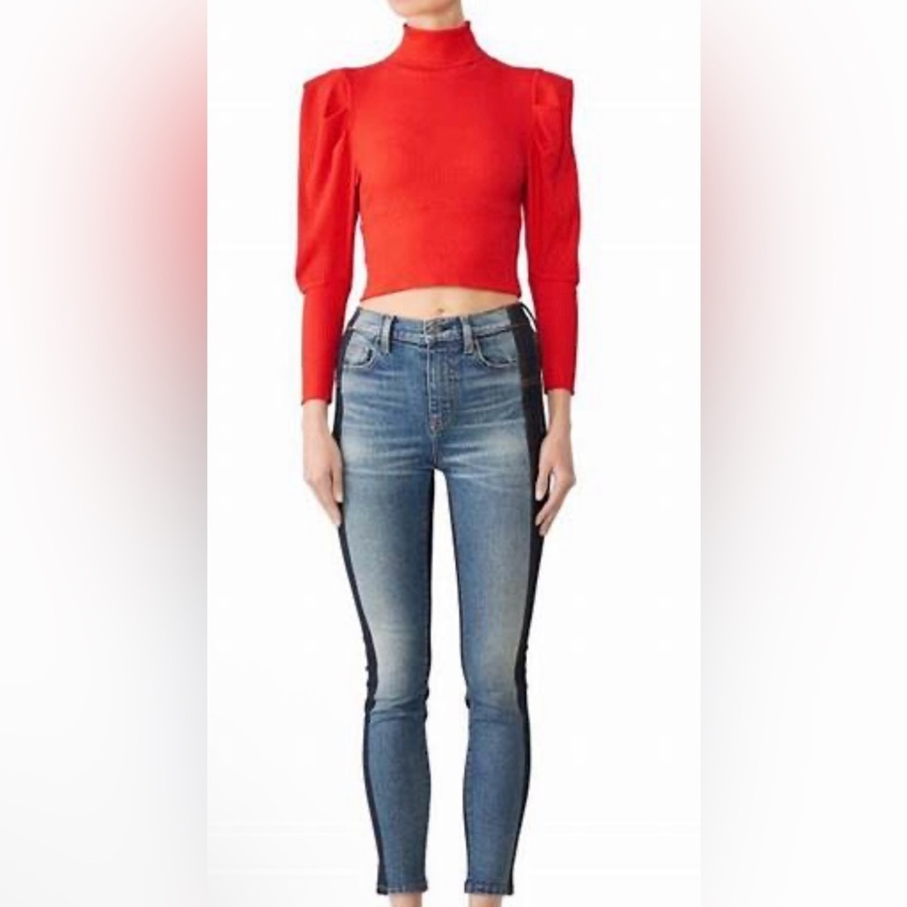 Free People Red Ribbed Cropped Turtleneck with Pleated Shoulders - Size S